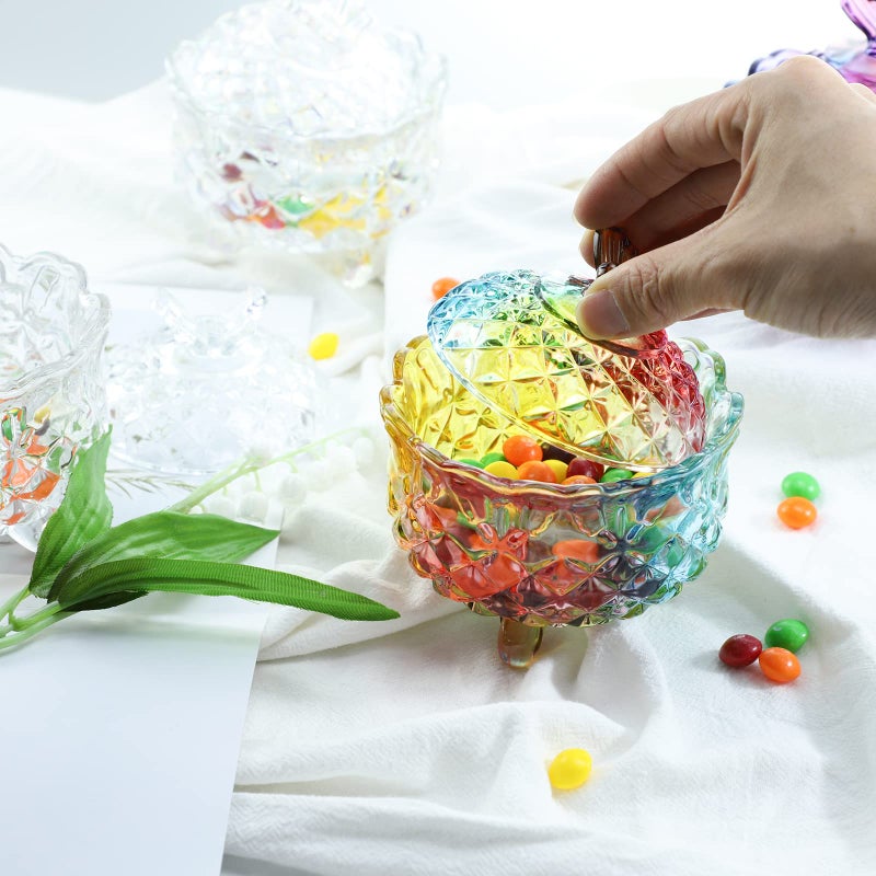 SOCOSY Royal Embossed Crystal Candy Box with Lid Footed Jewelry Box Candy Jar Cookie Jar Wedding Candy Buffet Jars Kitchen Storage Jar 10oz (Rainbow) - Image 4
